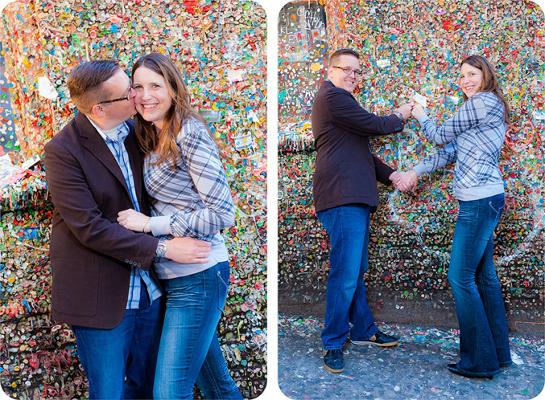 Wedding Engagement Pictures at the Gum Wall Under Pike Place Market in Seattle