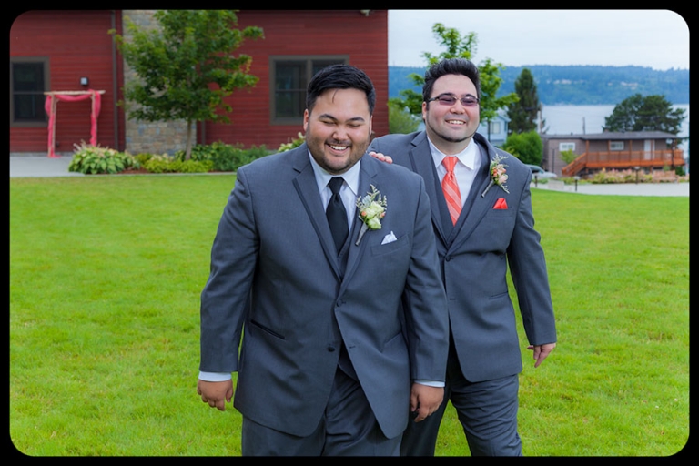 First Look for Bride and Groom Wedding at Rose Hill Community Center in Mukilteo, Washington
