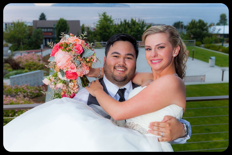 Wedding Bride and Groom Overlooking Puget Sound From Rose Hill Community Center